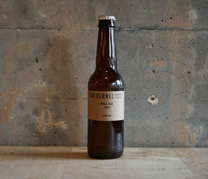 A single bottle of The Kernel Brewery Pale Ale - Citra. it is stood infront of a concrete wall. 
